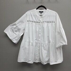 Ellos Shirt Womens 20 Plus White Boho Tunic Eyelet Lace Button Front 3/4 Sleeve